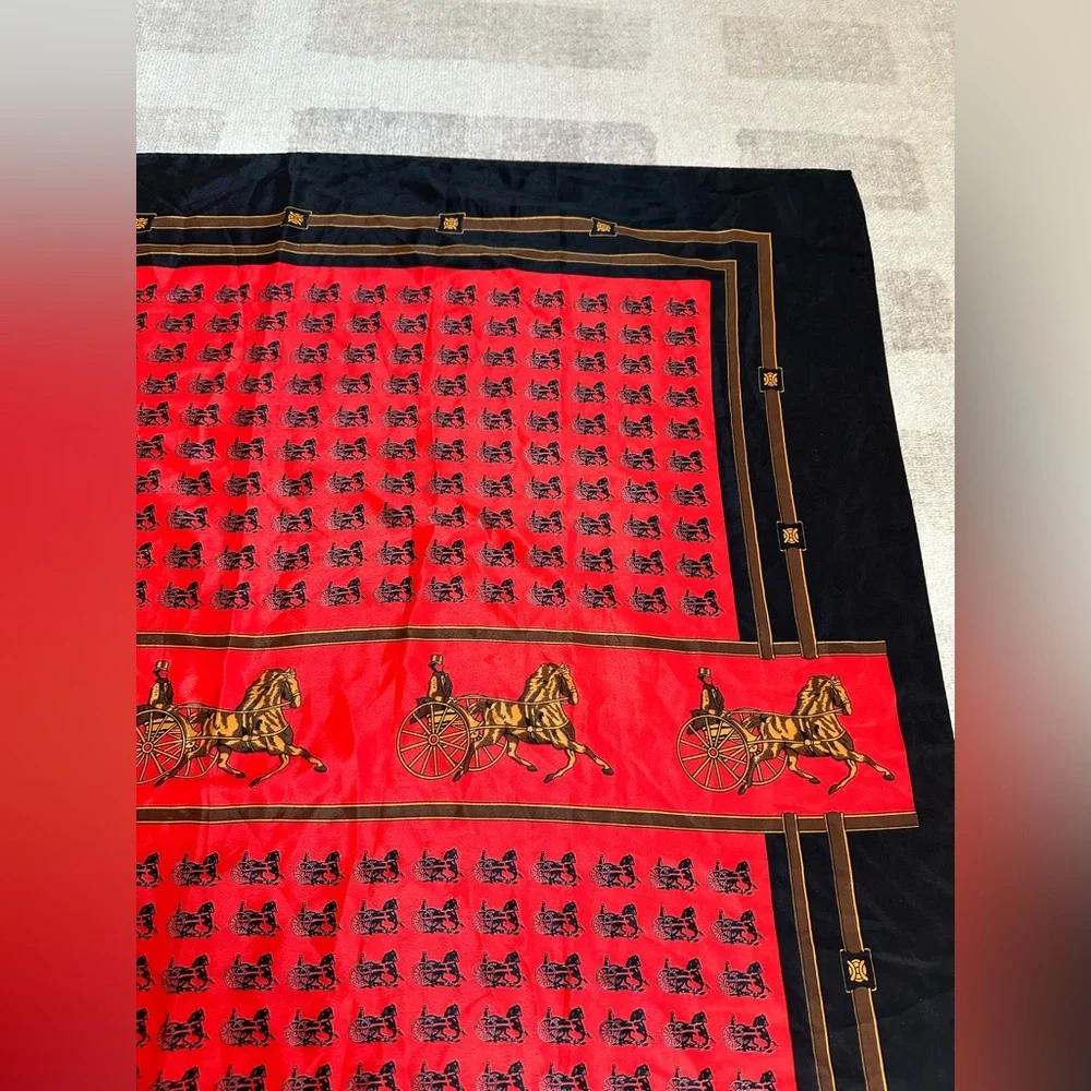 Vintage Hermes Paris Silk Horse and Carriage Scarf Red and Black